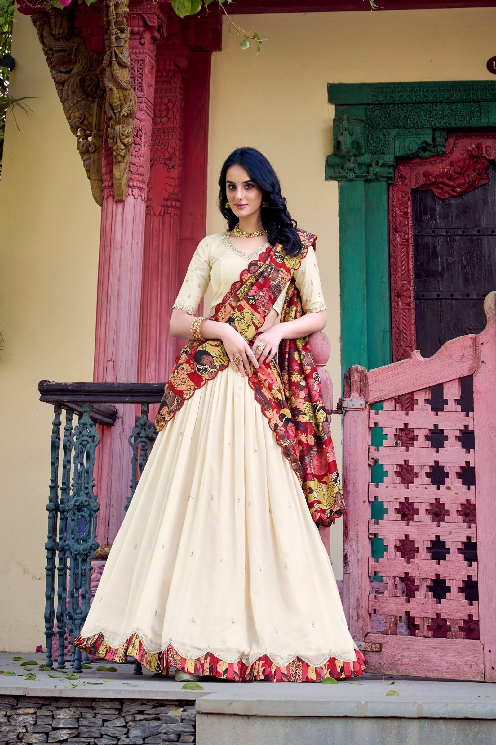 Doli - Vichitra Silk Sequins and Thread Embroidery Work with Kalamkari Print Border Off White Lehenga Choli