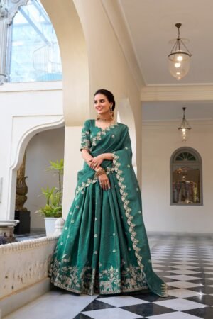 Doli - Gold Crush Sequins and Thread Embroidery Work Teal Lehenga Choli