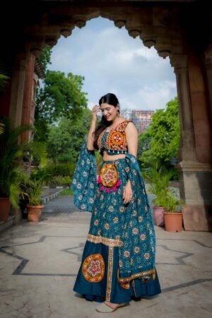 Doli - Printed with Foil Work and Gamthi Patch Work with Lace Touch Up Teal Lehenga Choli