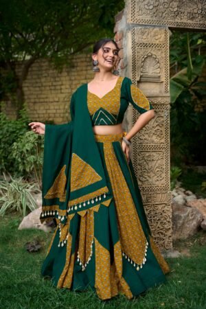 Doli - Pure Cotton Plain and Printed with Cowrie Lace Green Lehenga Choli