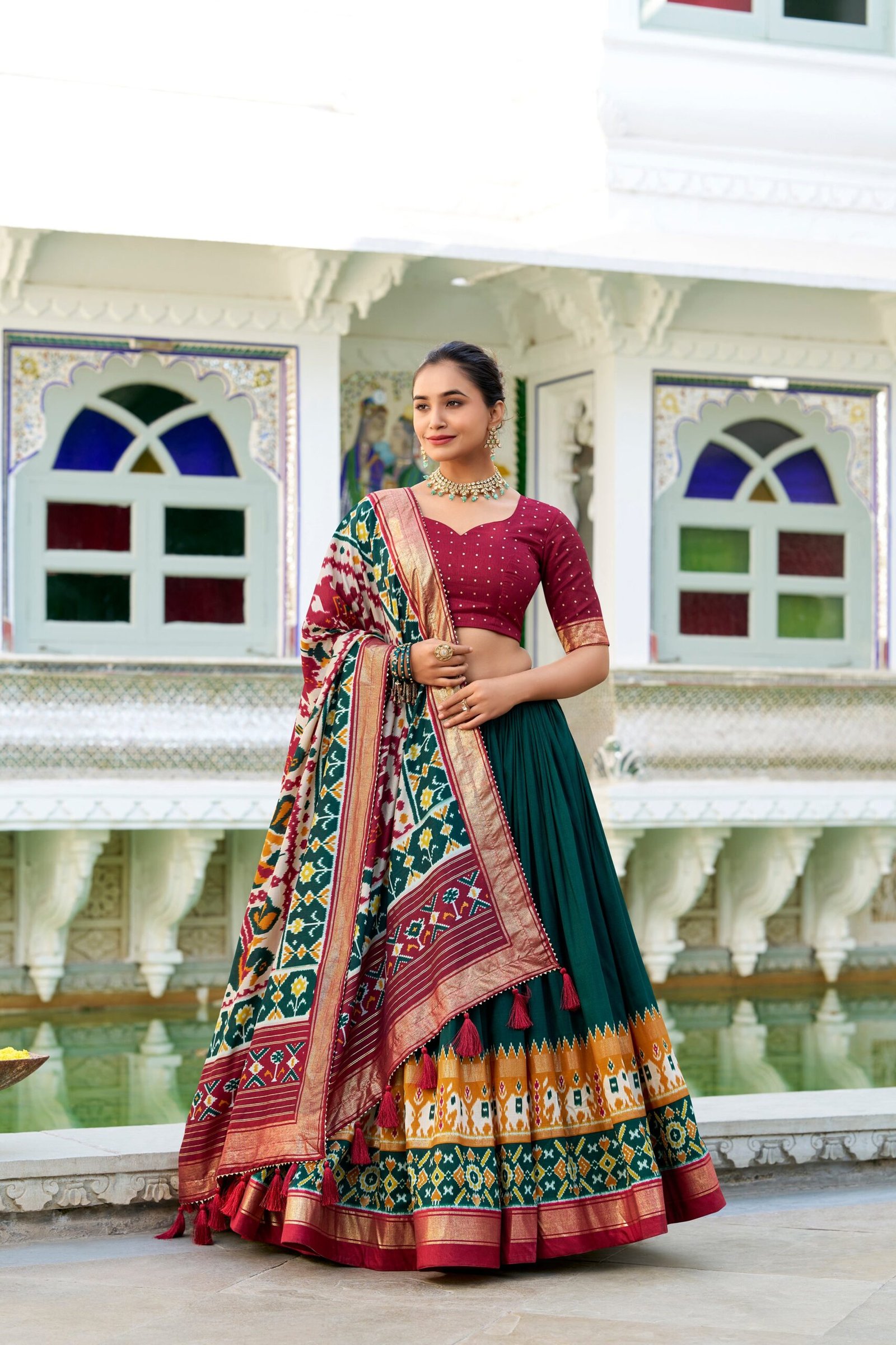 Doli - Tussar Silk Patola Print with Foil Work Green Lehenga Choli Set