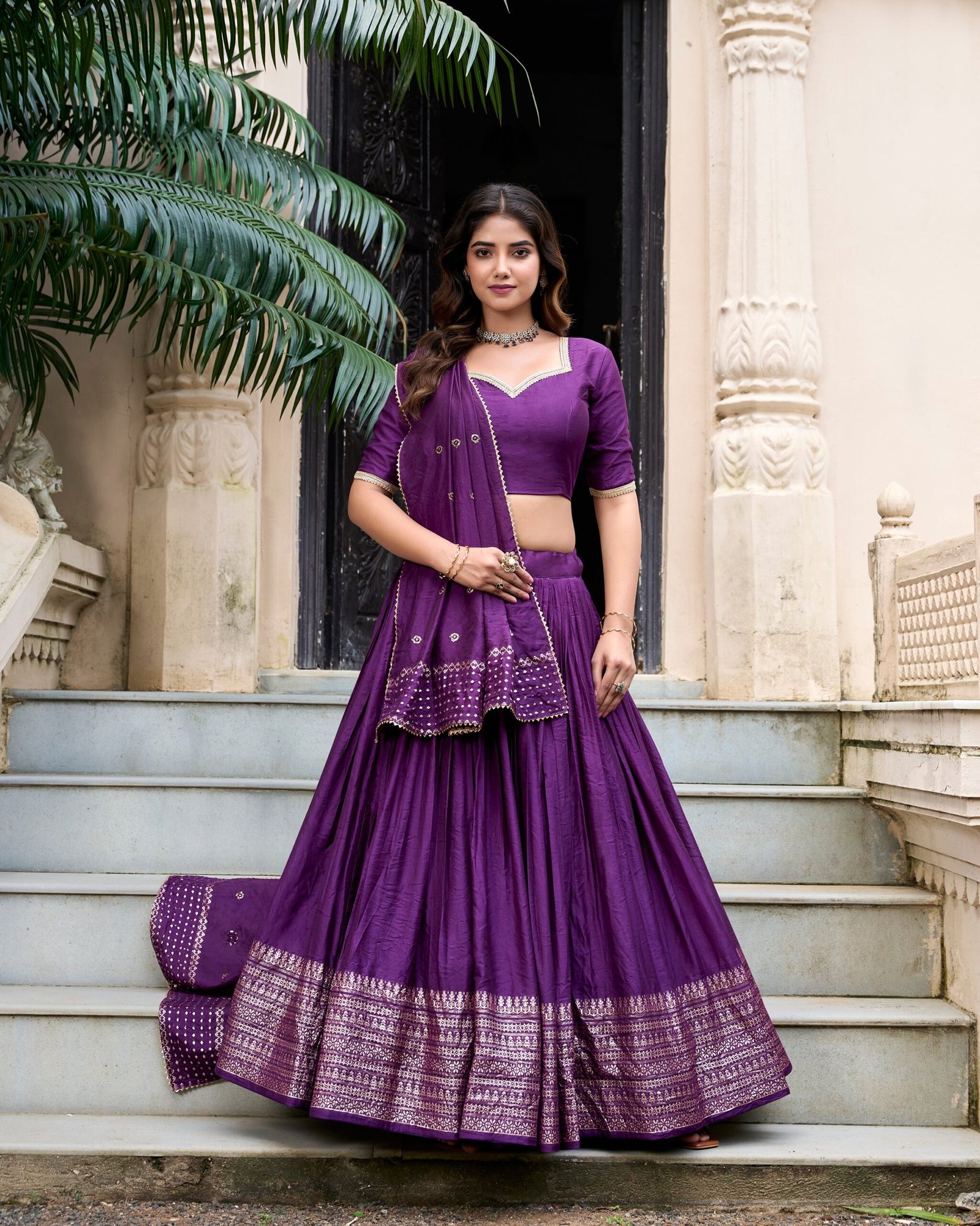Doli - Plain With Weaving And Intricate Zari Work Border Dark Purple Lehenga Choli