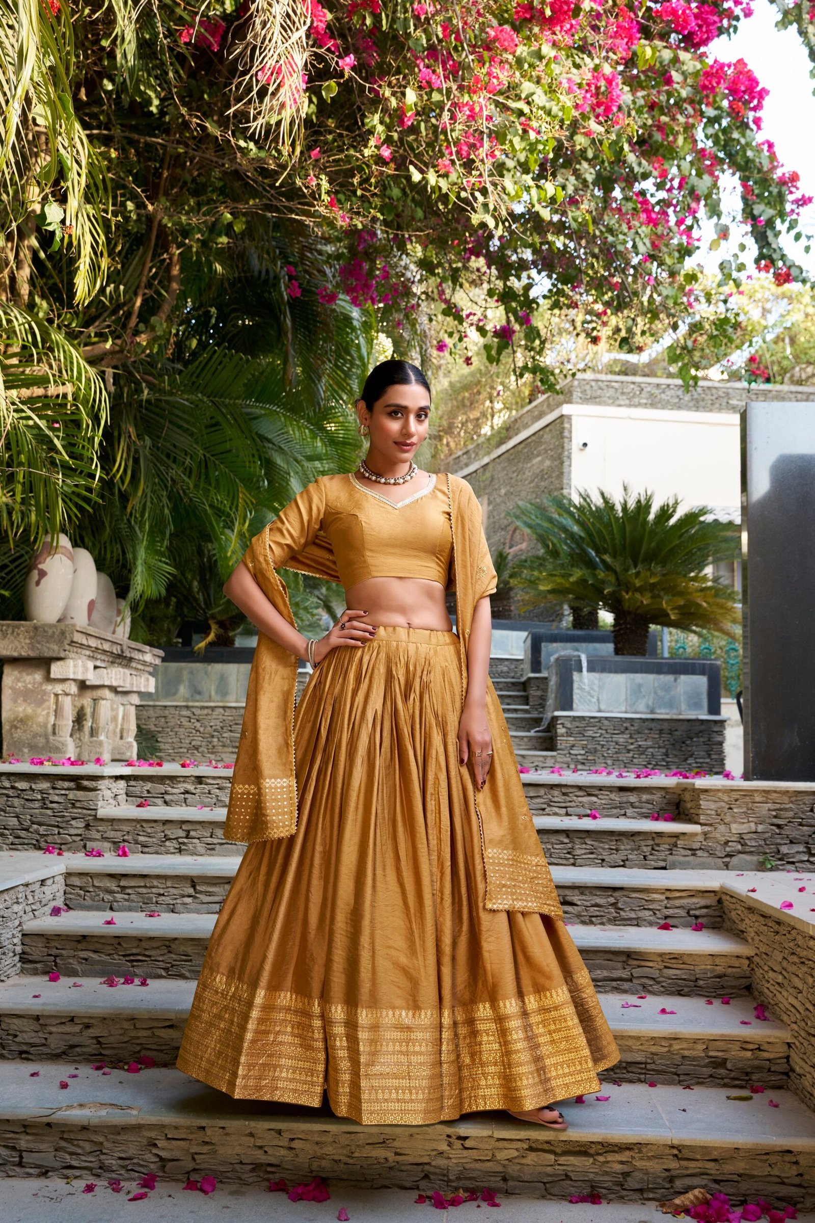Doli - Plain With Weaving And Intricate Zari Work Border Mustard Lehenga Choli