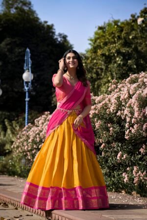 Doli - Kanchipuram Zari Weaving Work Mustard Lehenga Choli Set