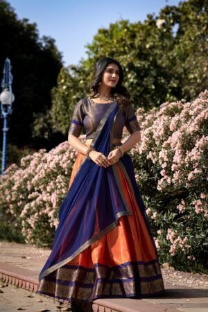 Doli - Kanchipuram Zari Weaving Work Orange Lehenga Choli Set