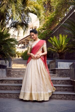 Doli - Elegant Golden Zari Weaving Work Off White Lehenga Choli Set