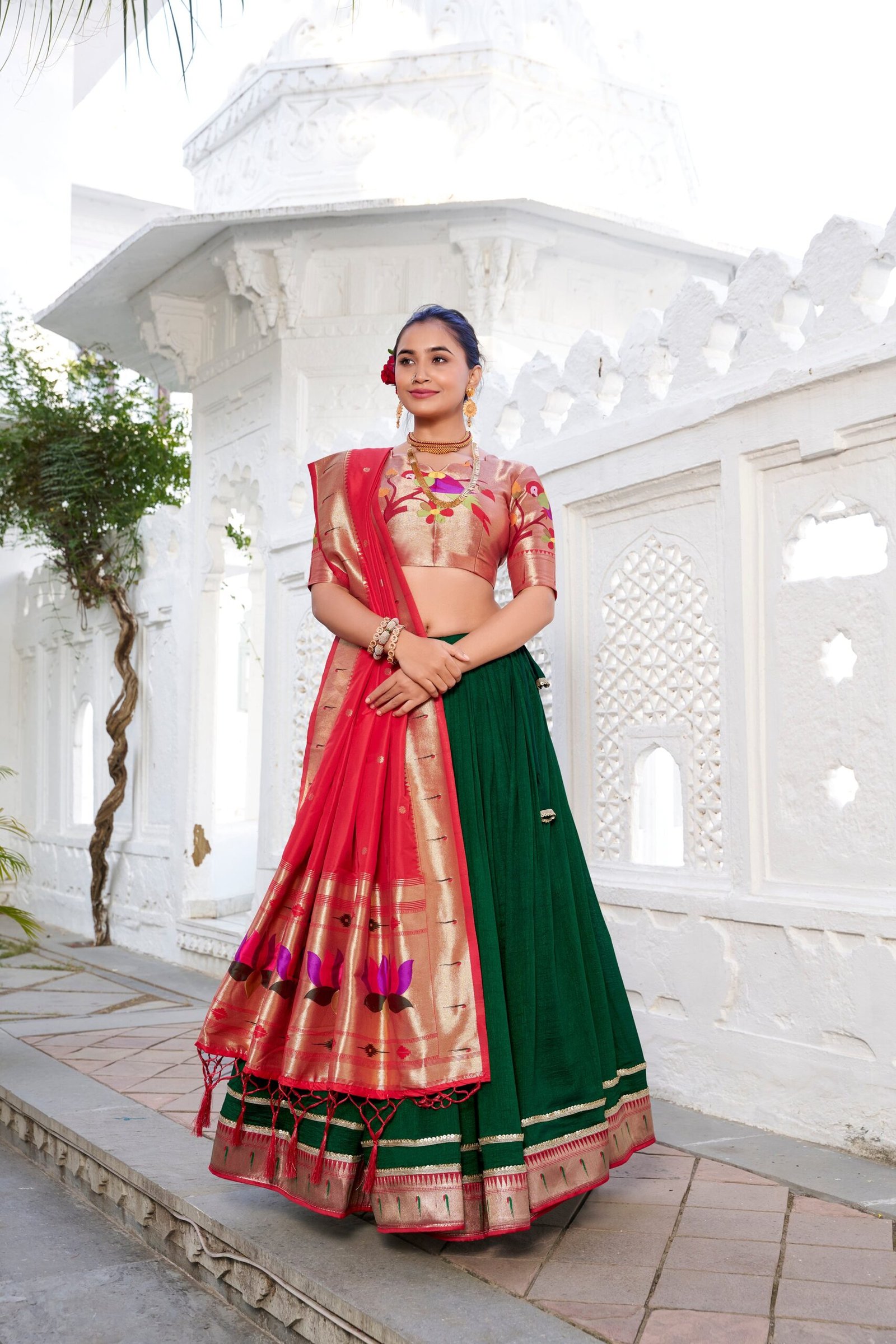 Doli - Vichitra Silk Plain with Paithni Lace Border Green Lehenga Choli set