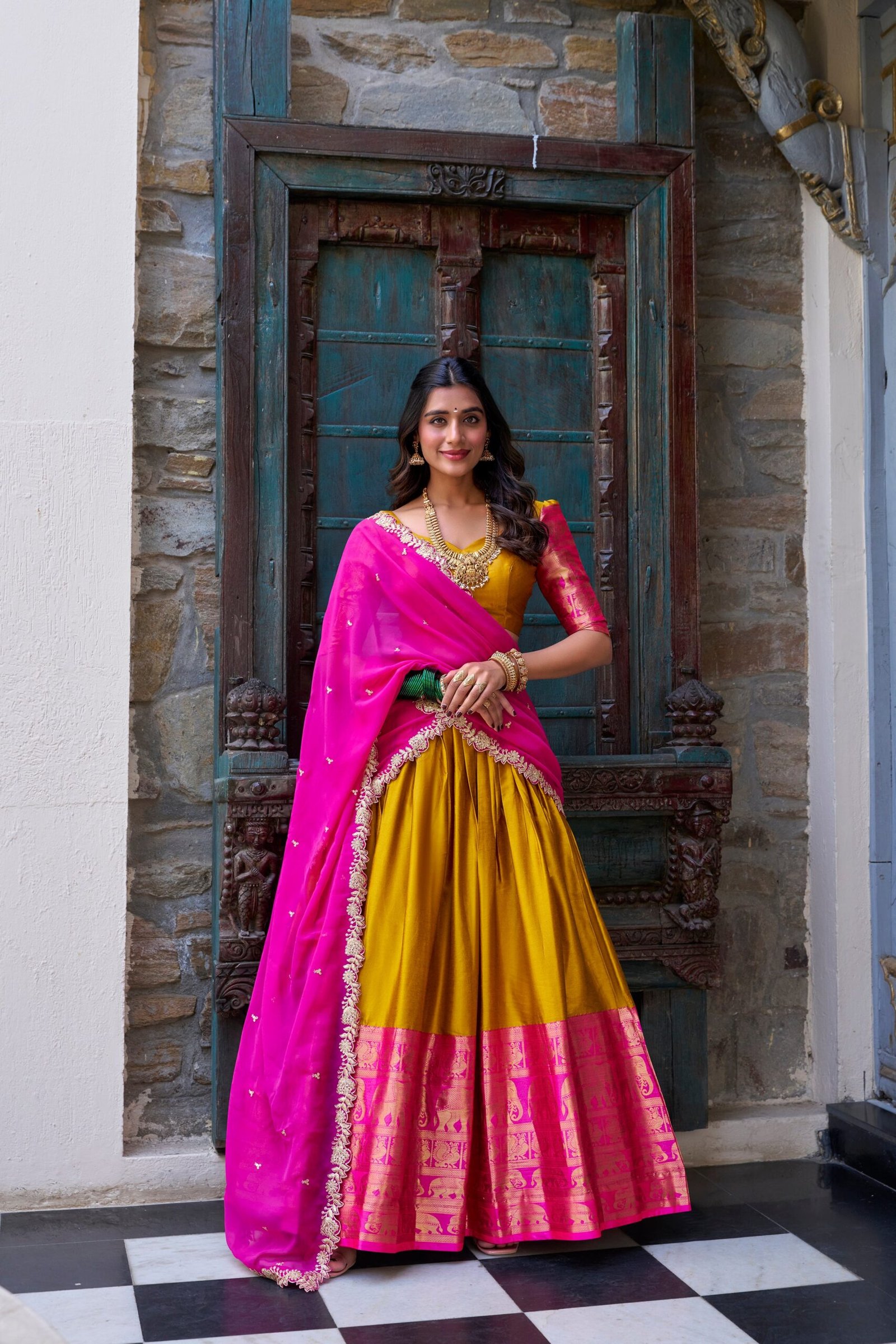 Doli - A Touch of South Indian Grace Mustard Zari Weaving Lehenga Choli