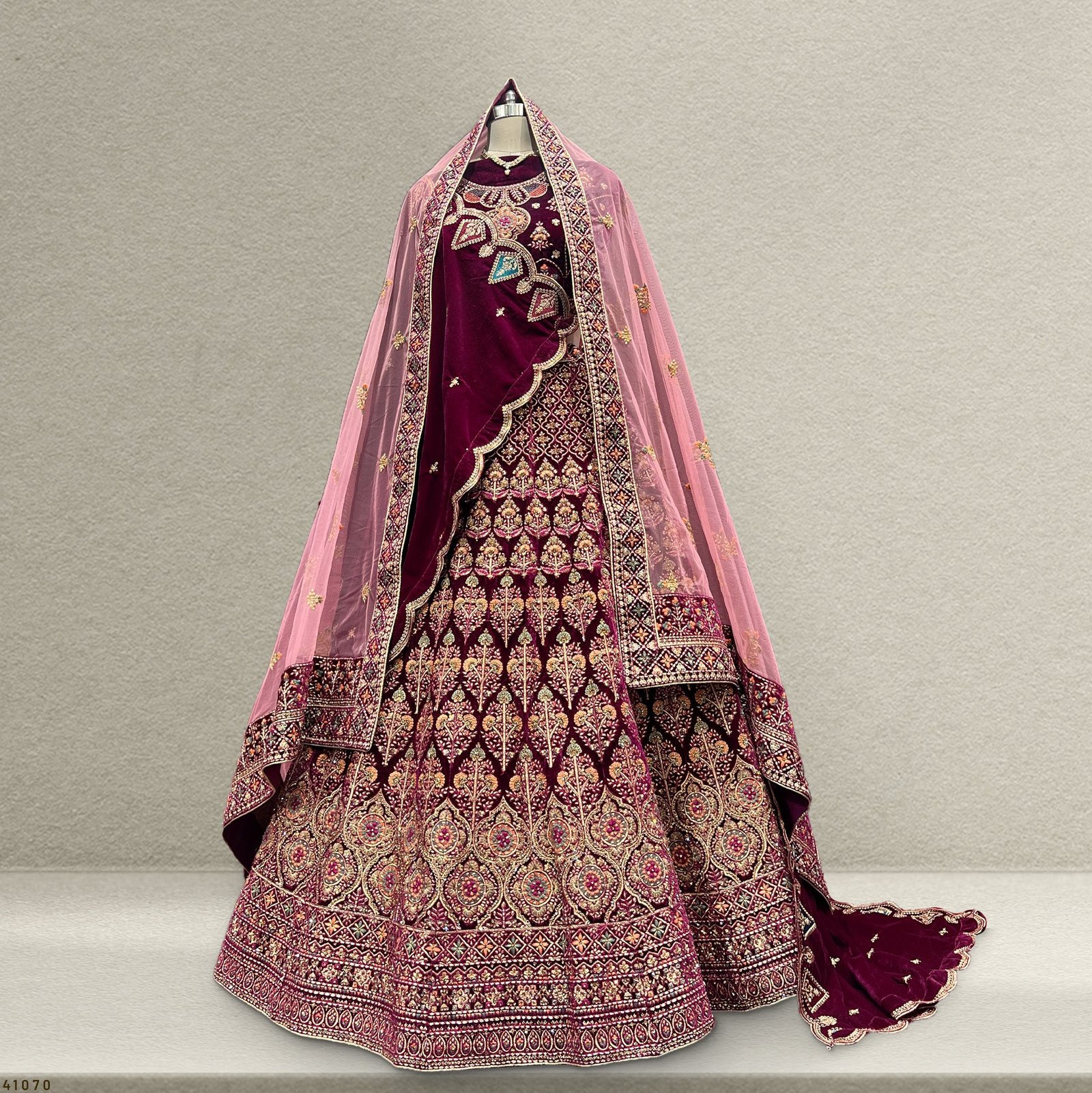Pagfera - Double Dupatta Kashmiri Work Wine Color Bridal Lehenga