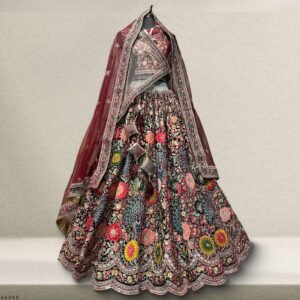 Pagfera - Multi Color Double Dupatta Velvet Maroon Lehenga