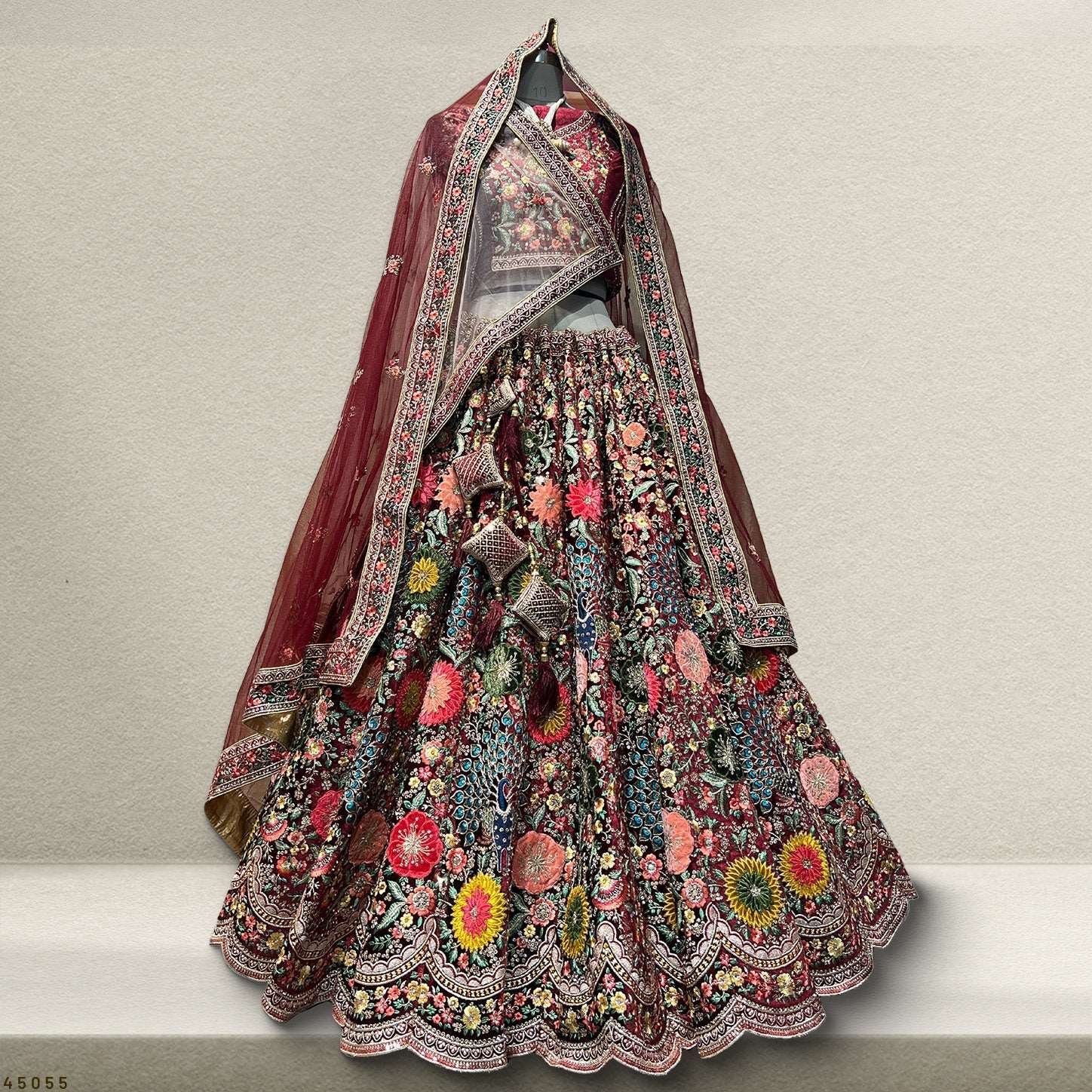 Pagfera - Multi Color Double Dupatta Velvet Maroon Lehenga