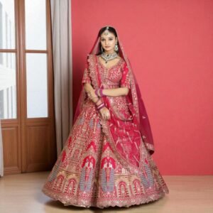 Dulhan in Rani Pink Lehenga : Peacock Design Double Dupatta Bridal Lehenga