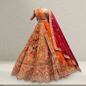Kundan : Ready-To-Wear Raw Silk Rust Orange Bridal Lehenga