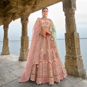 Damsel - Raw silk Soft Pink Wedding Bridal Lehenga Look