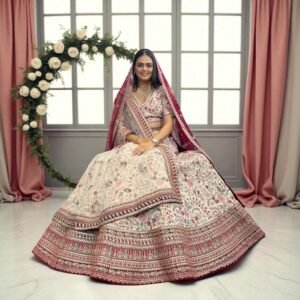 Rosé - Designer Raw Silk Lehenga with Resham and Handwork Double Dupatta