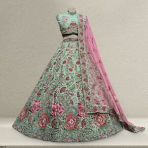 Rosé - Resham Embroidery Raw Silk Off Teal Color Designer Lehenga