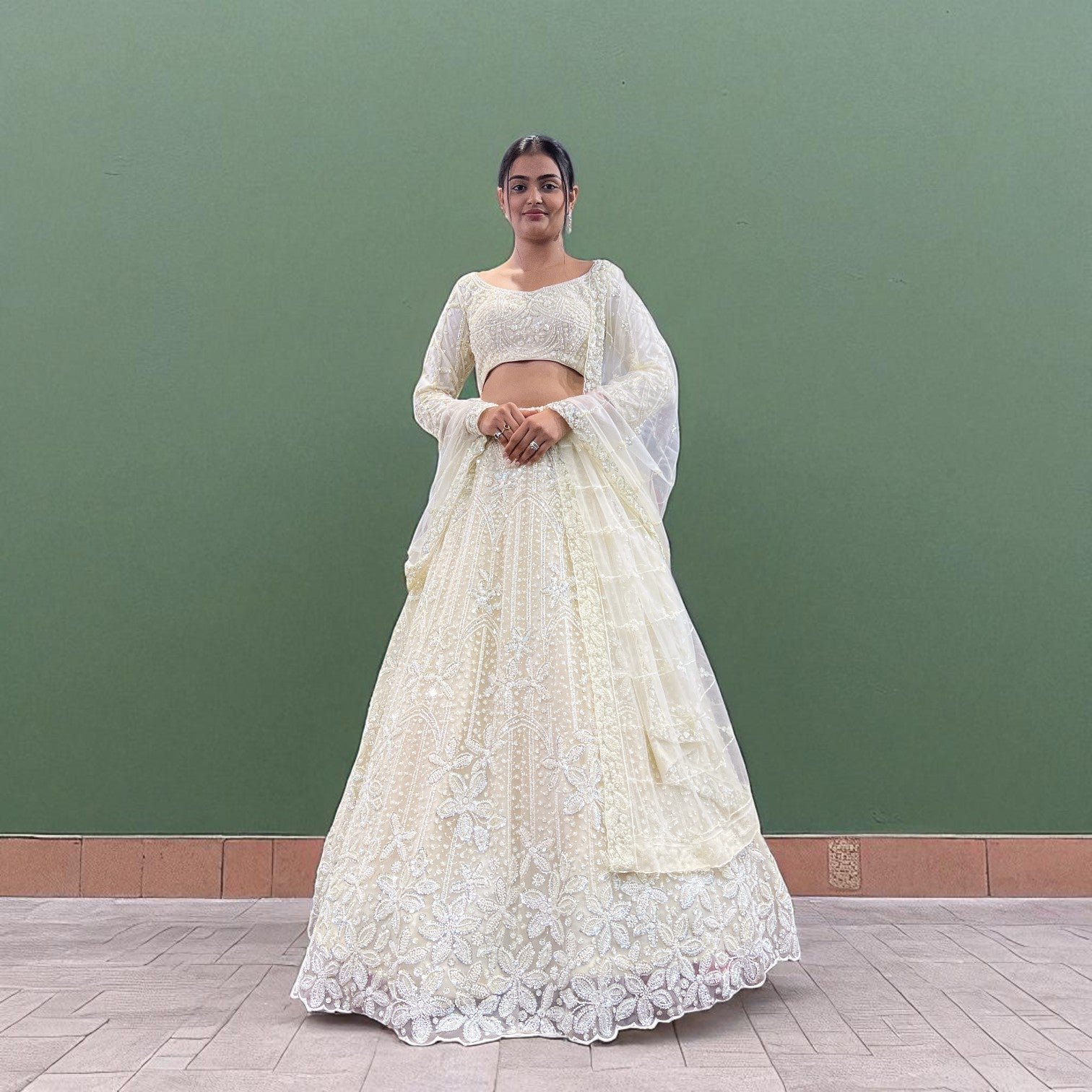 Jazzagals - Beads & Pearls Handwork Off White Reception Lehenga