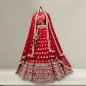 Amrapali - Minimal Style Boota Handwork Raw Silk Royal Red Bridal Lehenga