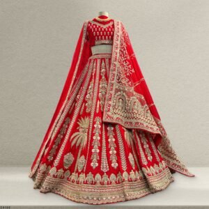 Amrapali - Palm Tree Handwork Raw Silk Royal Red Bridal Lehenga