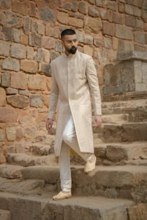 Champagne Shade Pearl Embroidery Sherwani