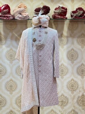 Salmon Pink 3D Texture Handcrafted Sherwani
