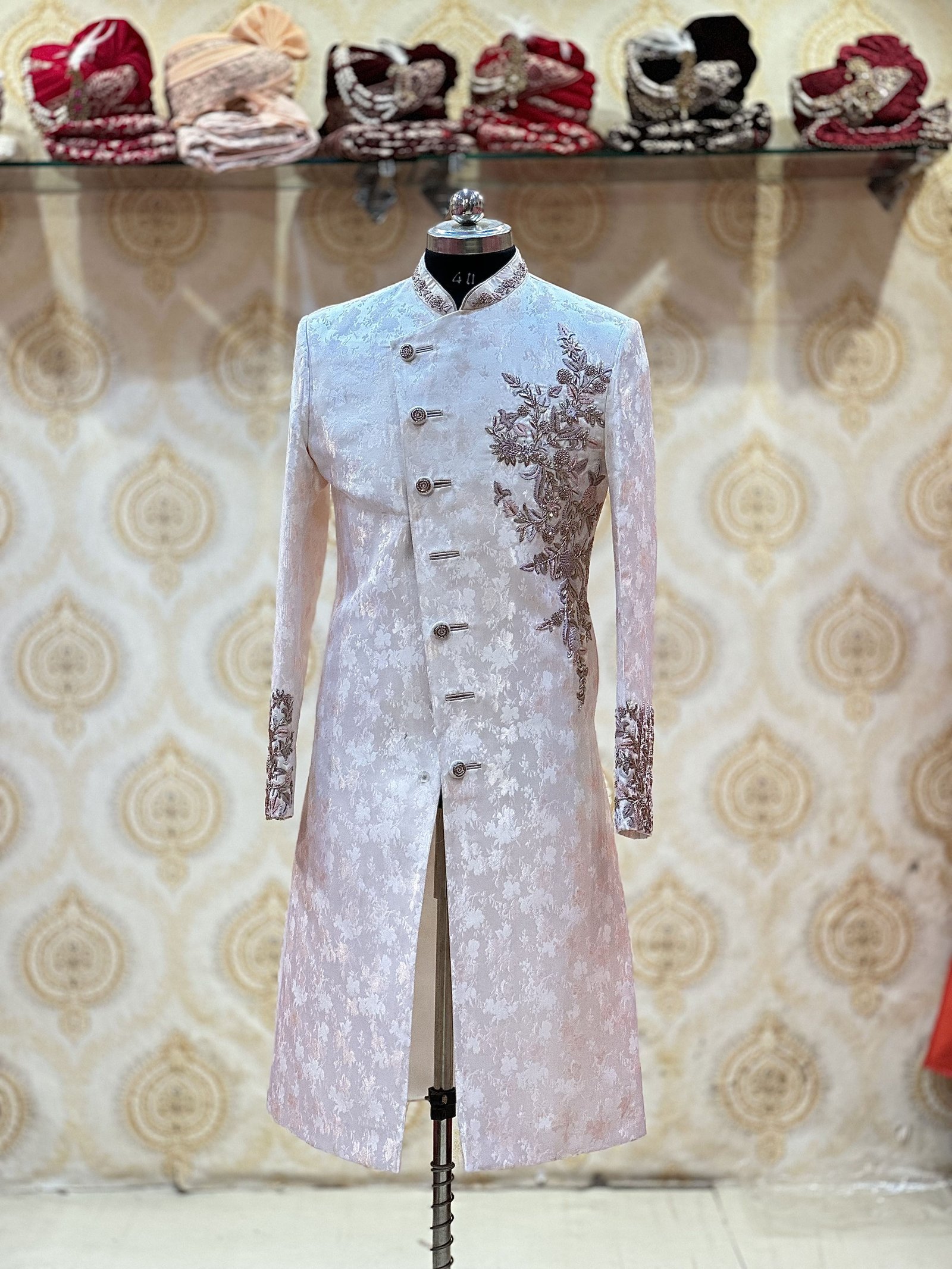 Salmon Pink Angrakha Handwork Sherwani