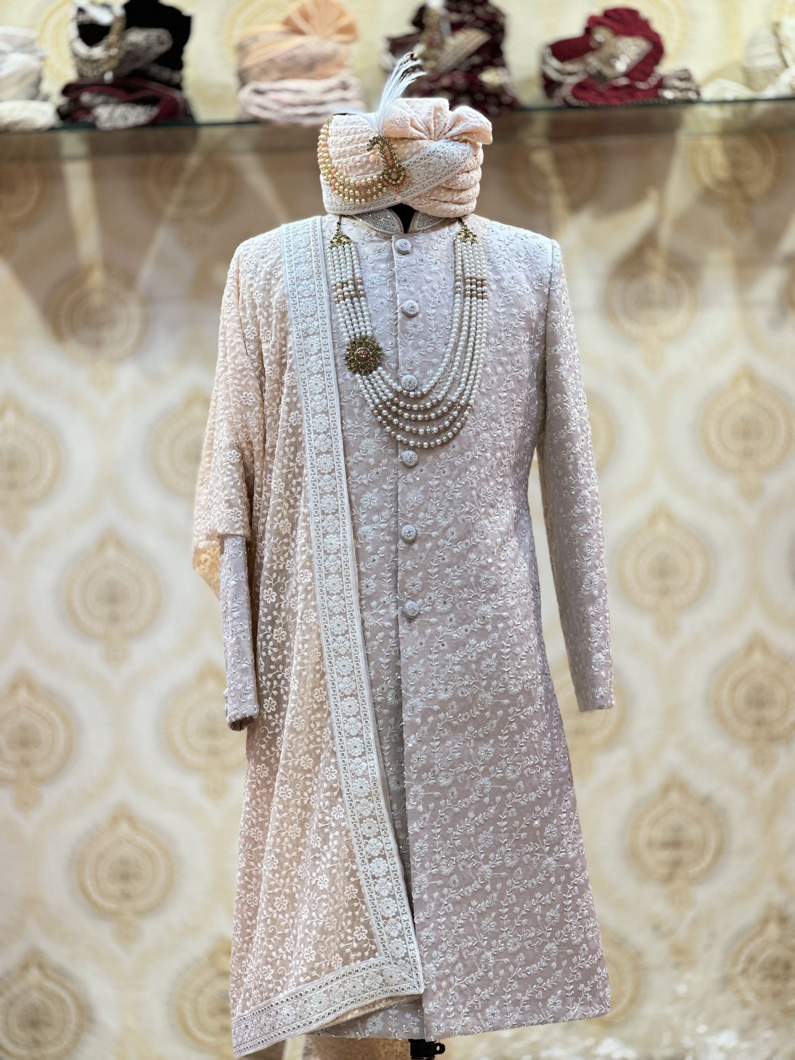 Salmon Pink Handcrafted Flower Sherwani